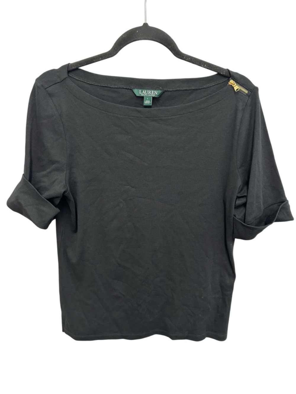 Lauren Ralph Lauren black short sleeve tee with cuffed sleeves and zipper accent